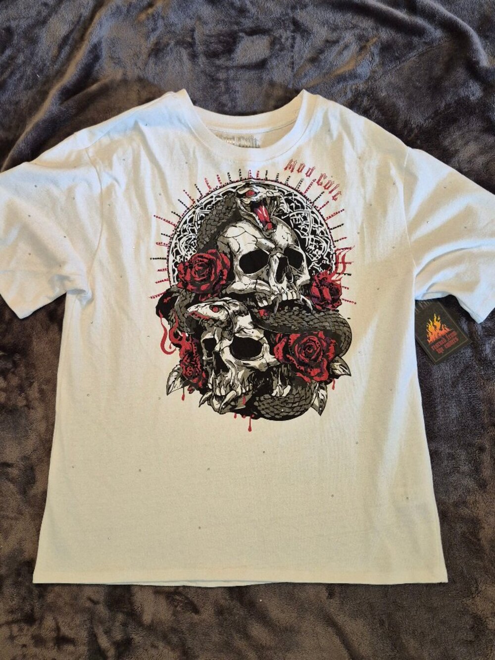 Motool Brave White Graphic Print Skull Snake Rose Crew Neck Men’s T-Shirt M